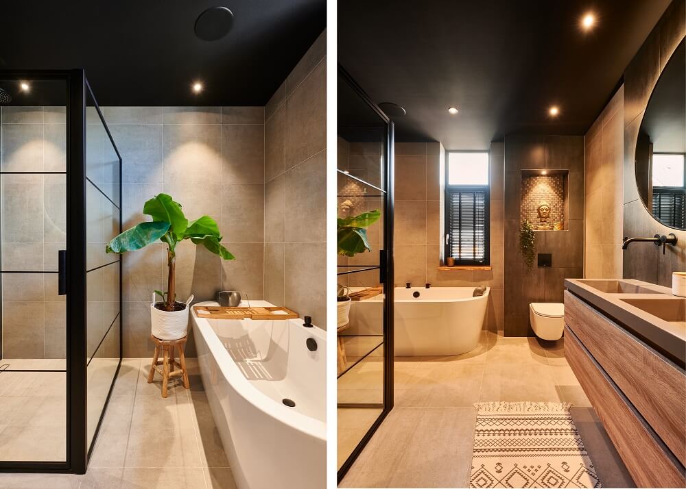 Plameco Spanndecken: stilvolles Badezimmer mit schwarzer Spanndecke und LED-Spots
