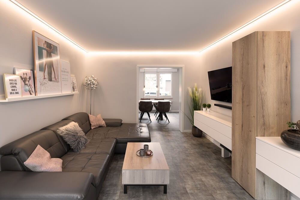 Plameco Spanndecken: Deckengestaltung im Wohnzimmer mit hellgrauer Spanndecke und LED-Strip