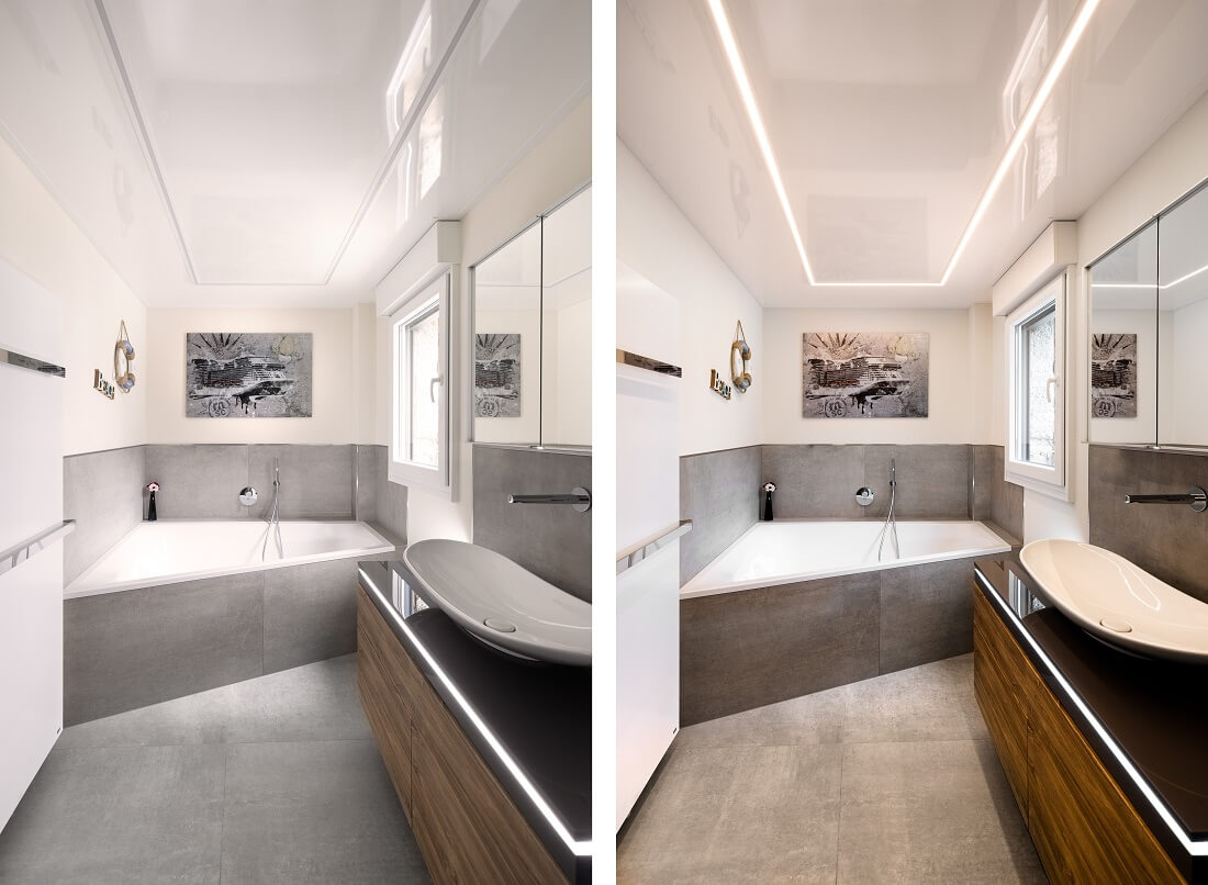 Plameco Spanndecken: Hochglanz, Badezimmer, LED-Beleuchtung, modern, funktional